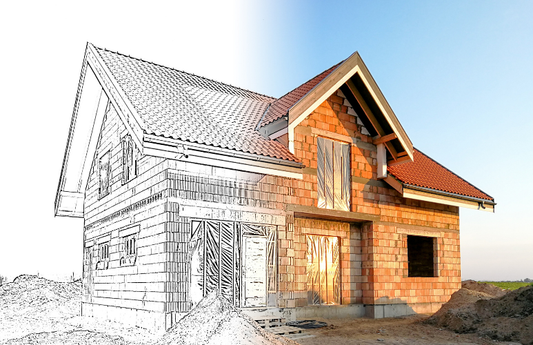 Photo dessin chantier maison en construction briques